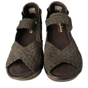 Skechers Memory Foam, Women Woven, MaryJane,Open Toe, Wedge, Sandal, 5.5, Black